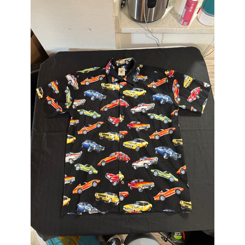 Max Boxxer Short Sleeve Button Up Muscle Cars Hot Rod Shirt Black Men's Large